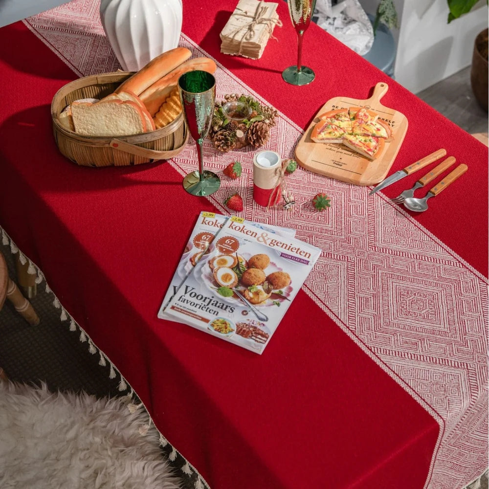 Geometric Jacquard Tablecloth with Tassel Fringe