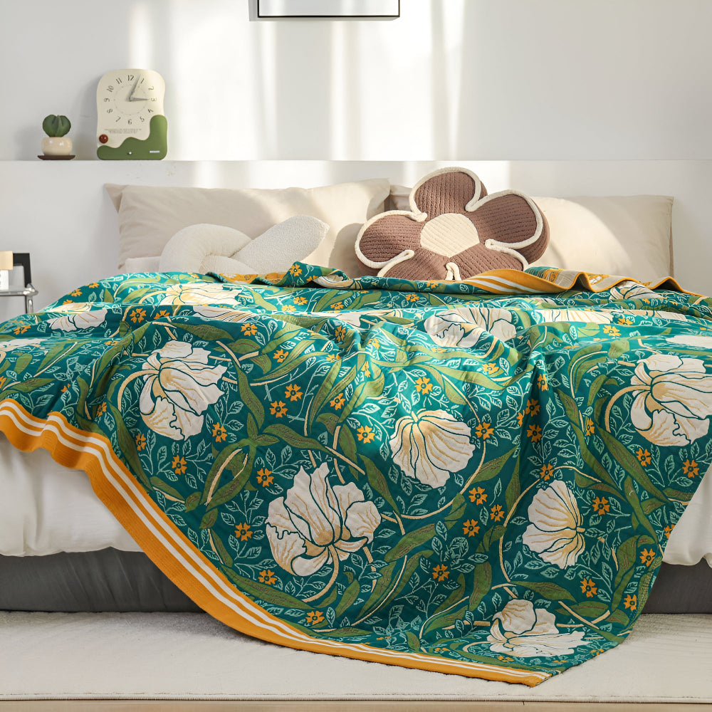 Botanical Green Cotton Blanket with Golden Border