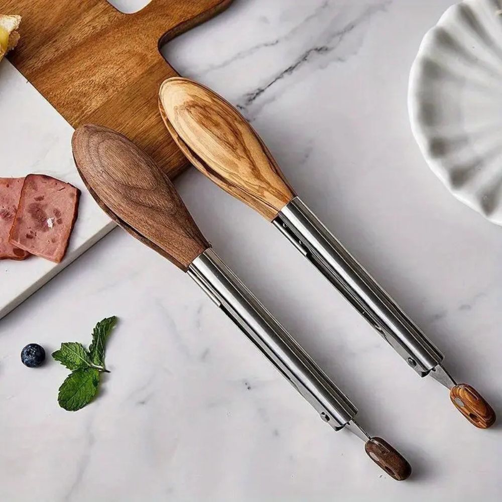 Wood and Steel Kitchen Tongs with Ergonomic Grip