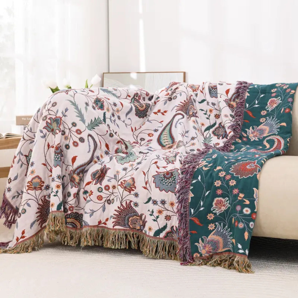 Reversible Floral Cotton Blanket with Tassels