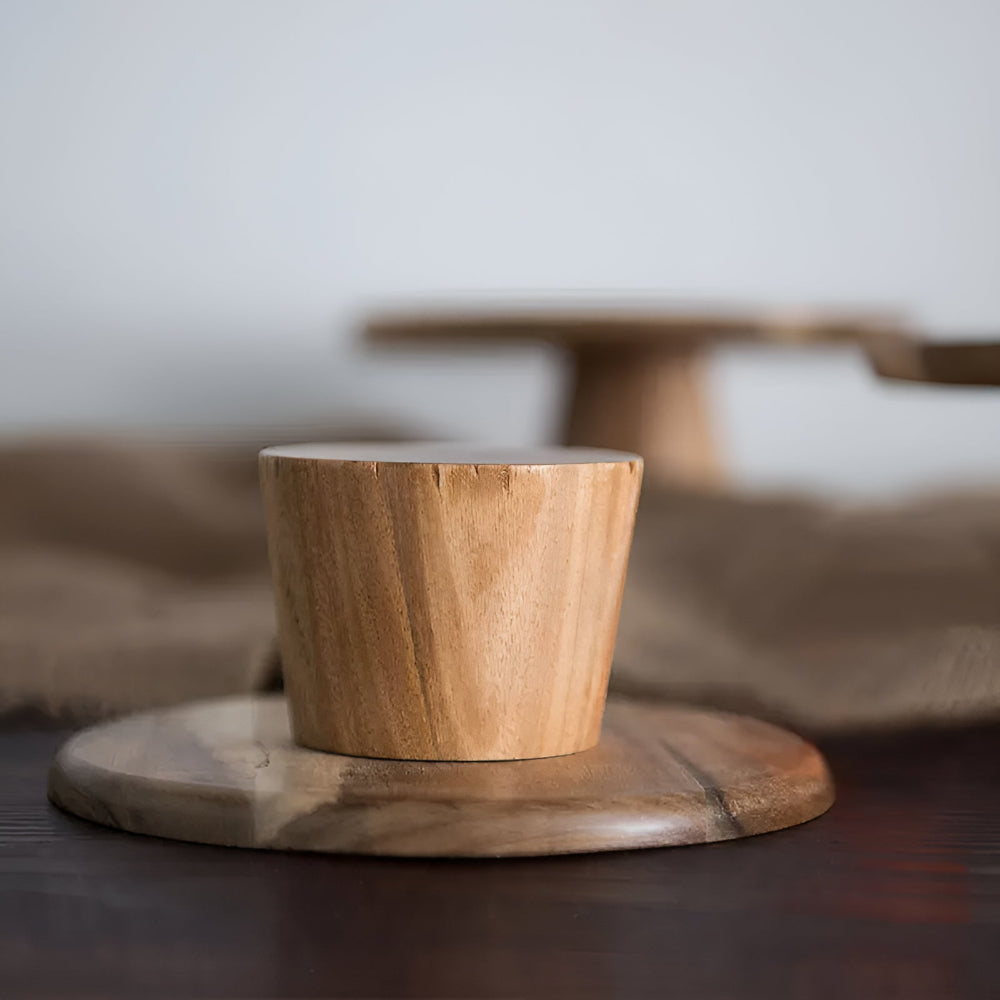 Round High Stand Wooden Cake Plate in Natural Finish
