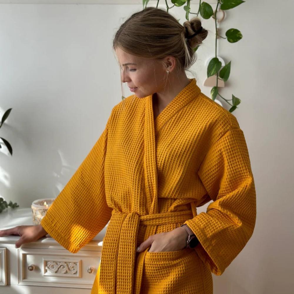 Waffle V-neck Cotton Bathrobe with Pockets