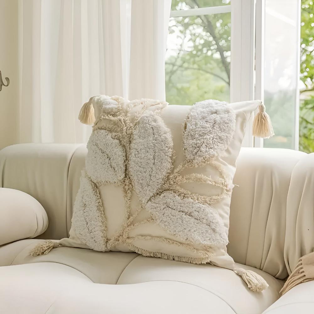 Leaf Motif Plush Cushion Cover with Tassel