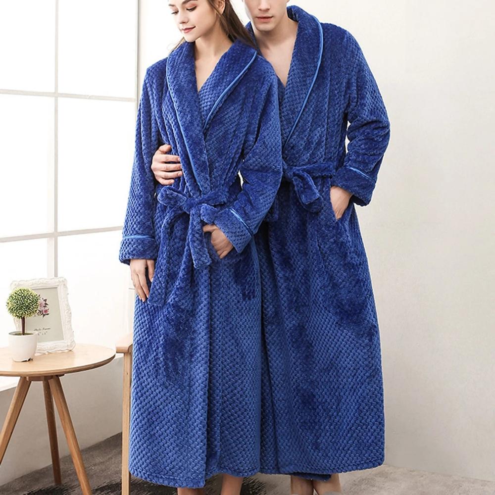 Unisex Fleece Winter Bathrobe with Pockets and Belt