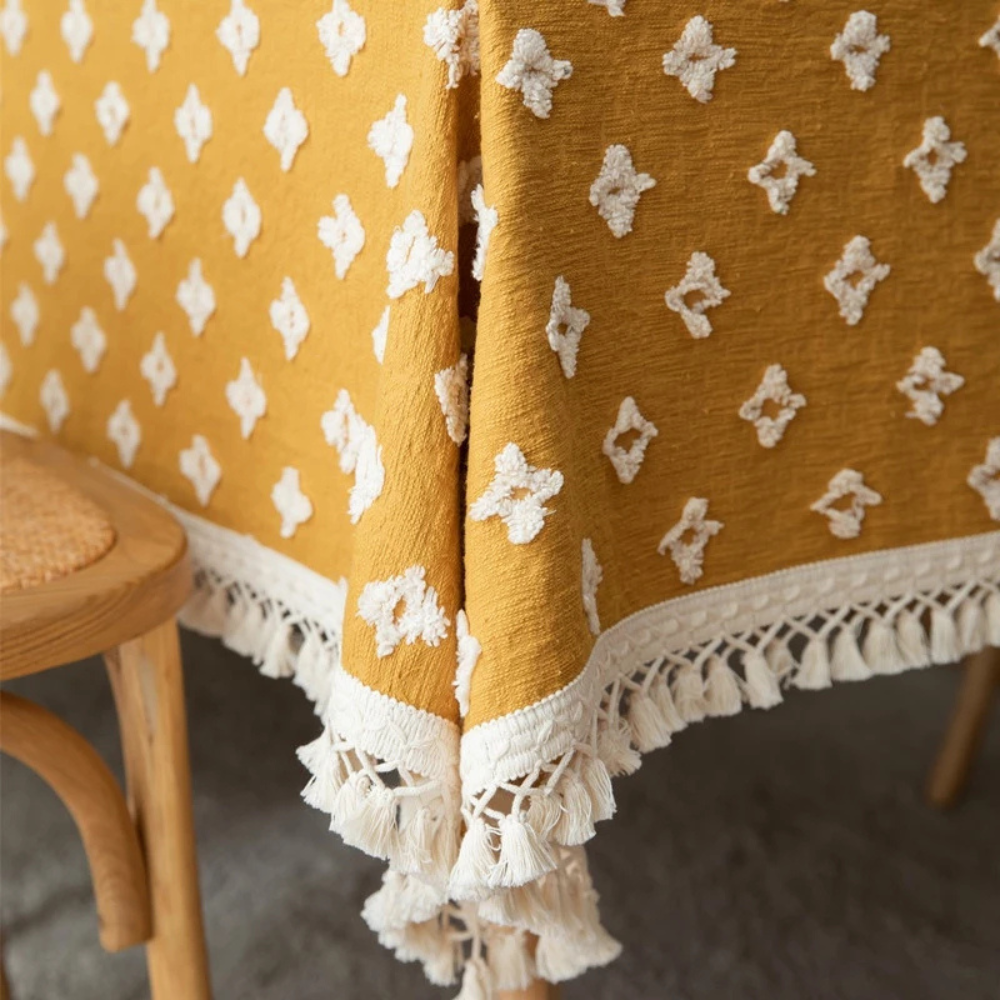 Yellow Embroidered Cotton Tablecloth with Tassels