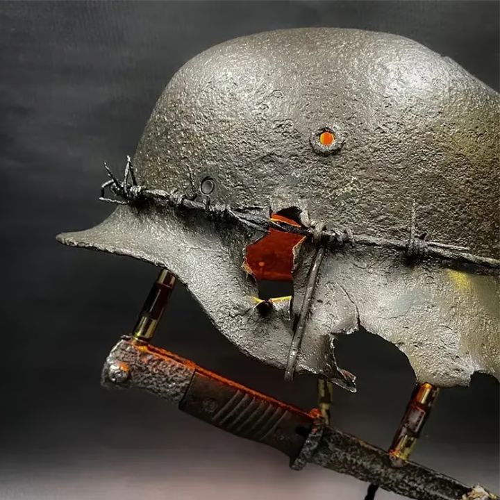 Vintage Steel Military Helmet Table Lamp with LED Flame Effect