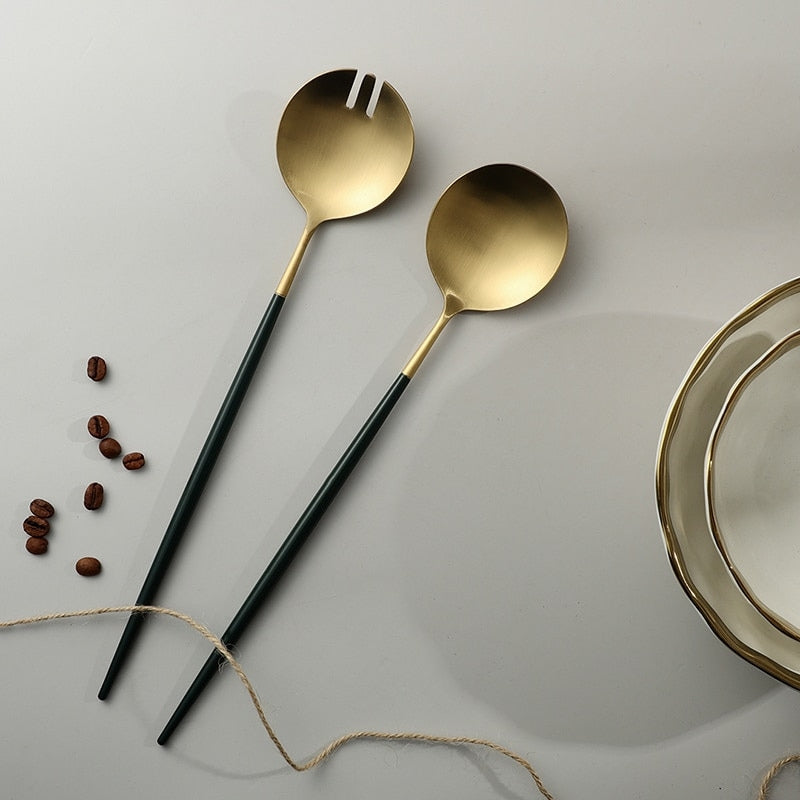 Black and Gold Stainless Steel Salad Serving Utensils Set