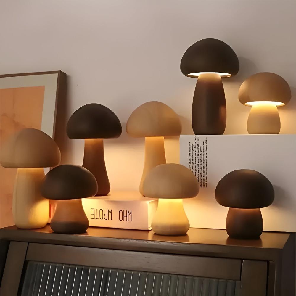 Rechargeable Wooden Mushroom Lamp with Adjustable Light Settings