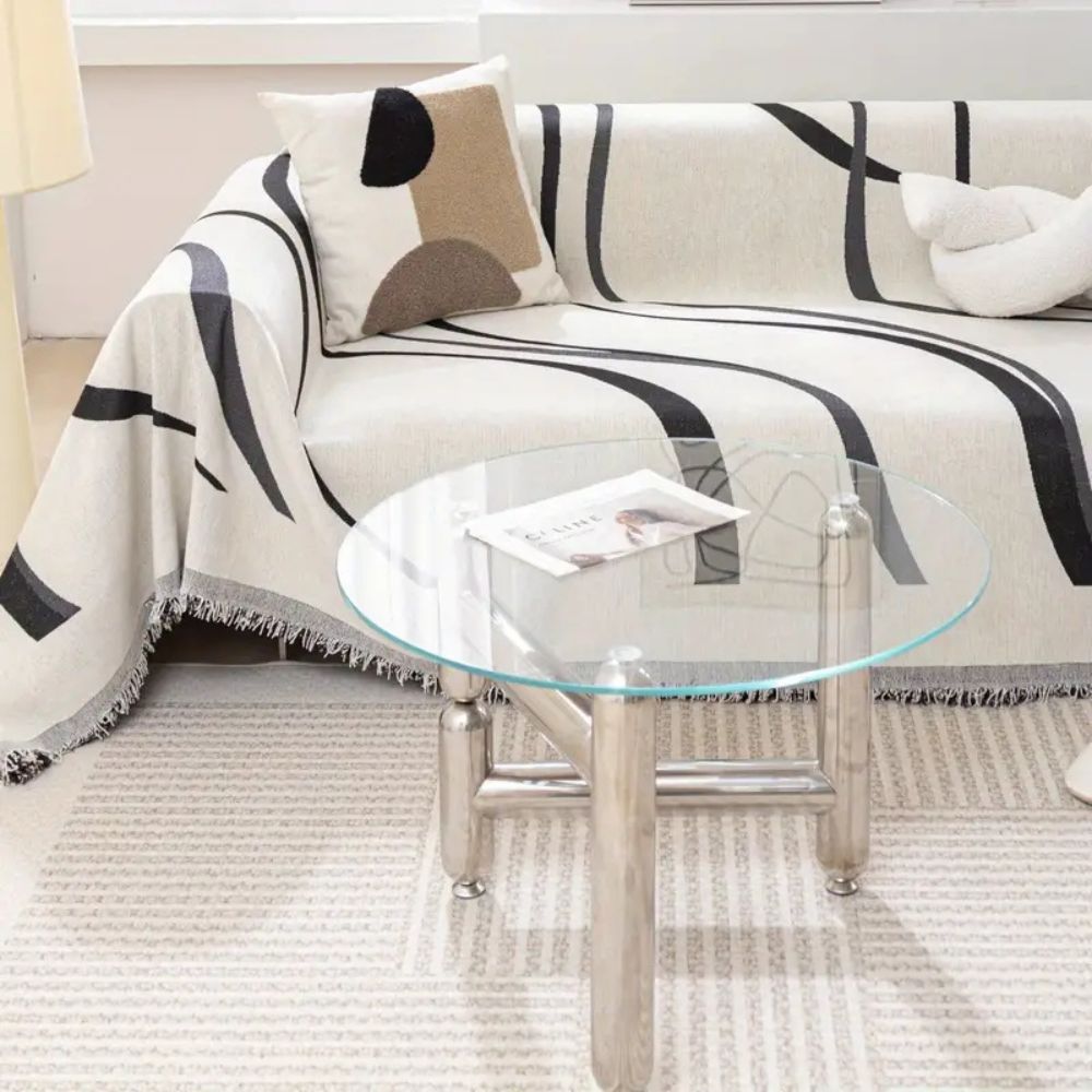 Non-Slip Wave Lines Chenille Sofa Cover with Tassels