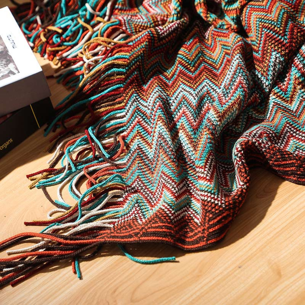 Multicolor Boho Zigzag Knit Throw Blanket with Tassels