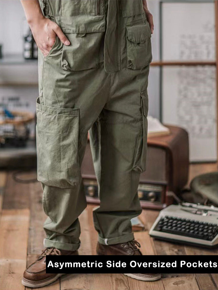100% Cotton Loose Fit Tapered Leg Overalls with Zipper Pockets