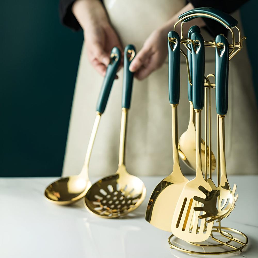 Golden Stainless Steel Utensil Set with Ergonomic Handles and Storage Rack
