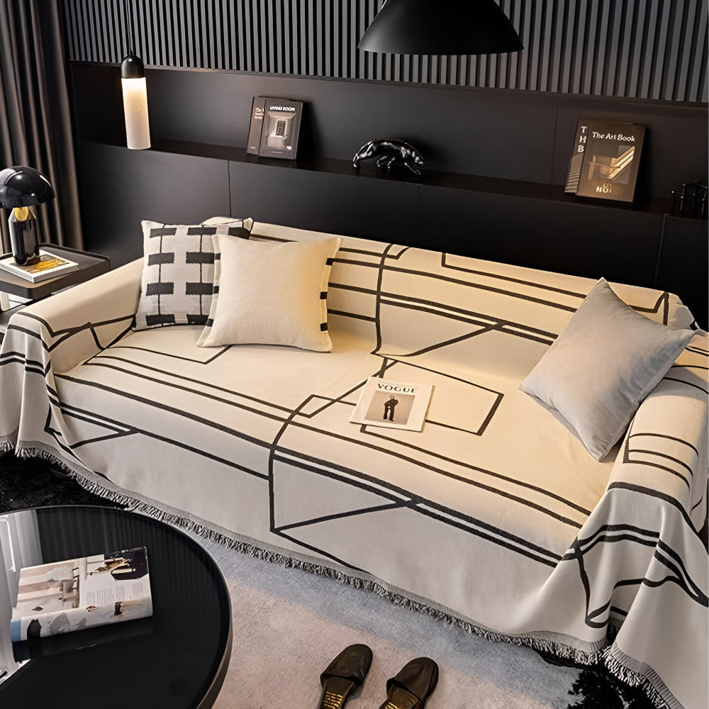 Modern Abstract Grid Sofa Cover in Black and White