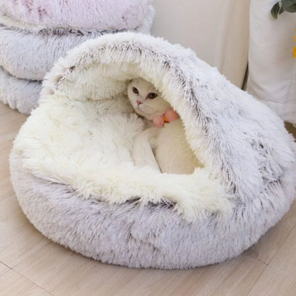 Hooded Faux Fur Pet Bed for Cats and Dogs