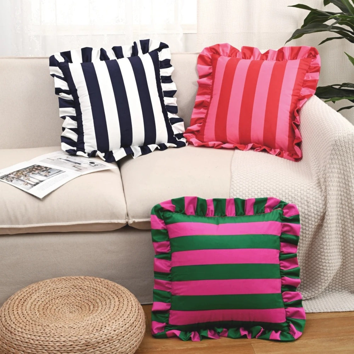 Striped Ruffle Cushion Cover in Soft Microfiber