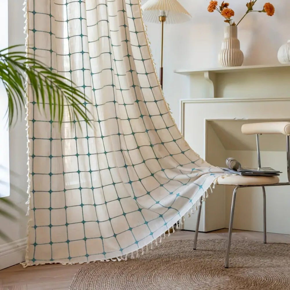 Turquoise Lattice Boho Tassel Semi-Blackout Curtain