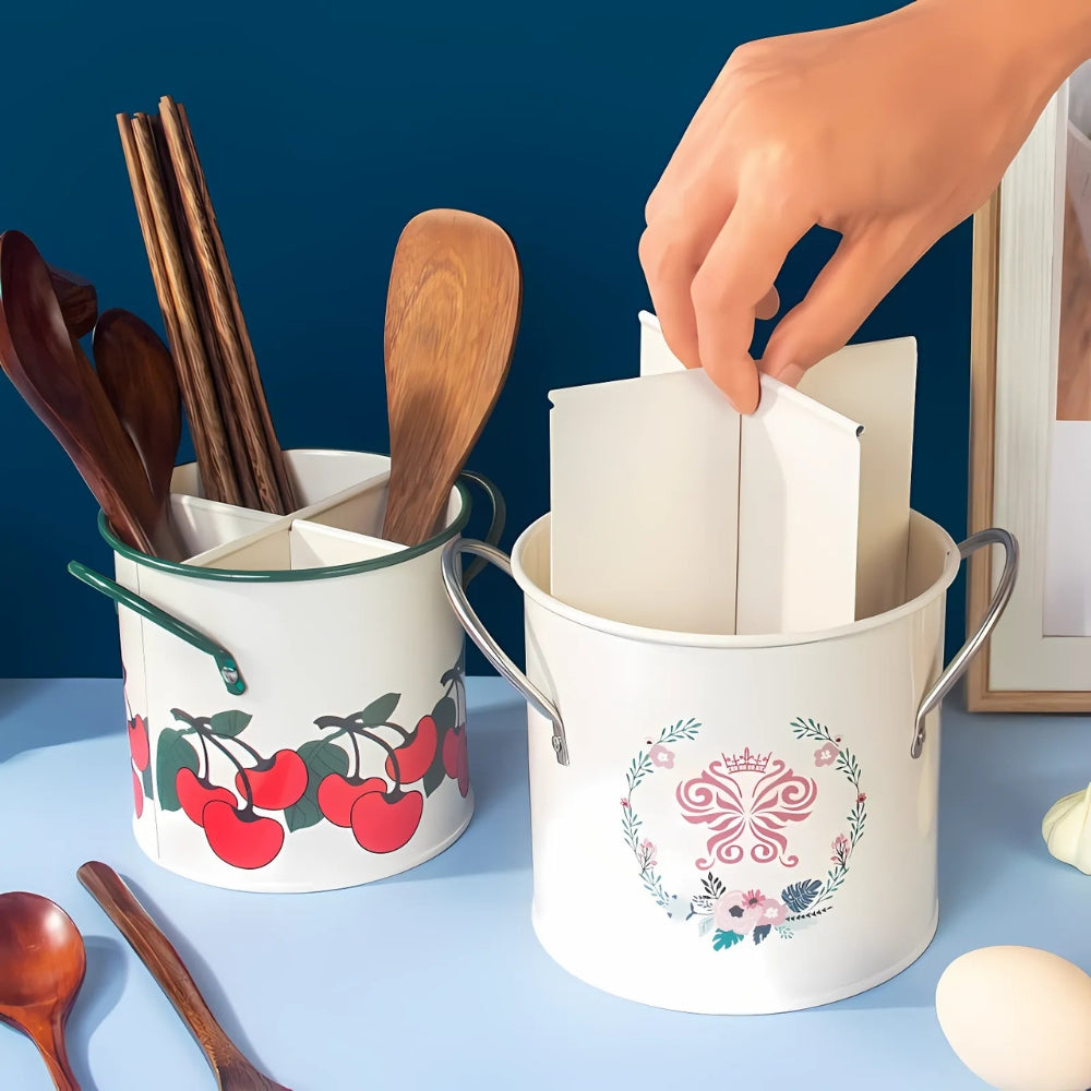 Retro Floral Utensil Storage Basket with Divider Lid