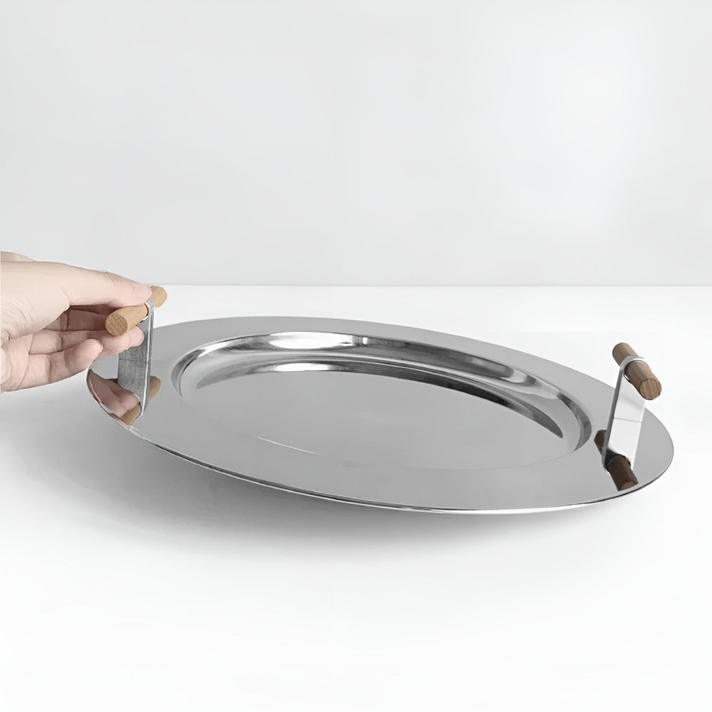 Stainless Steel Round Serving Tray with Wooden Handles