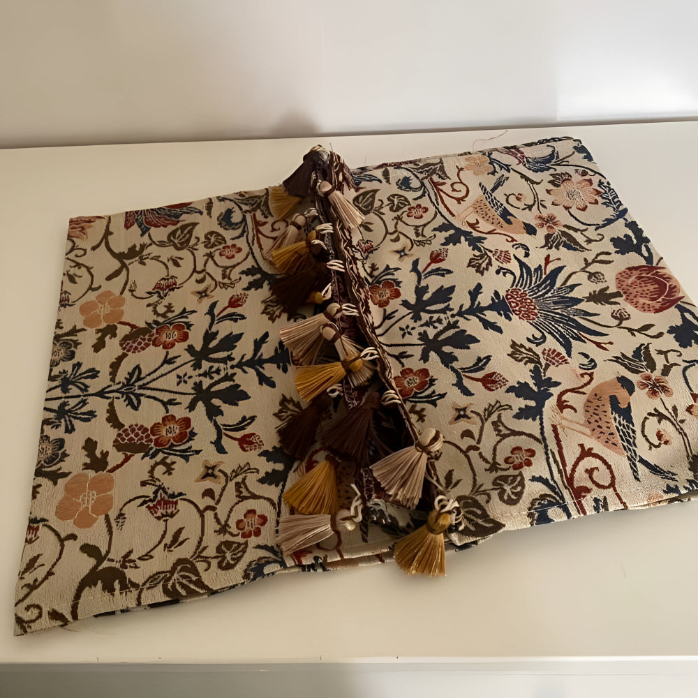 Vintage Floral Bird Jacquard Table Runner with Tasselled Edges