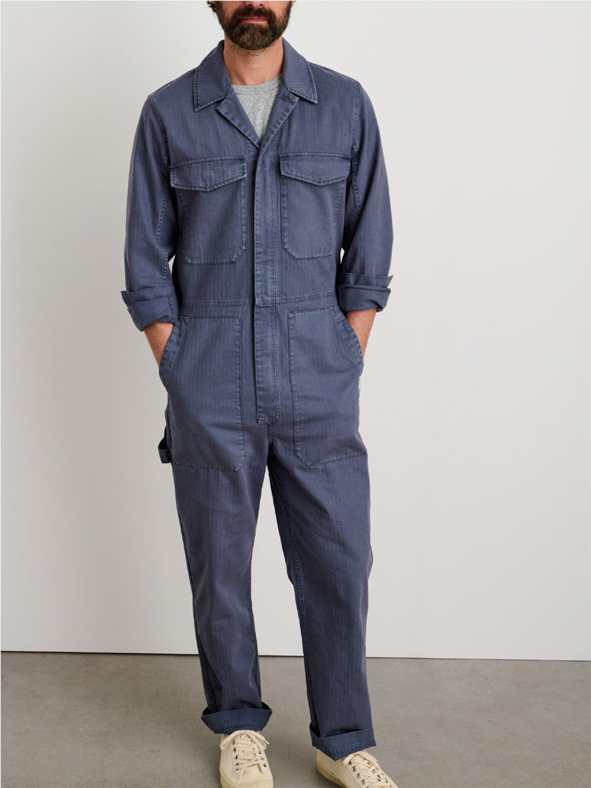 Men's Slim Fit Military Zip Jumpsuit in Cotton Herringbone