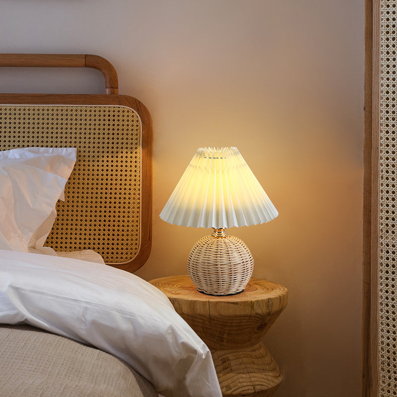Nordic LED Table Lamp with Woven Rattan Base and Dimmable Fabric Shade