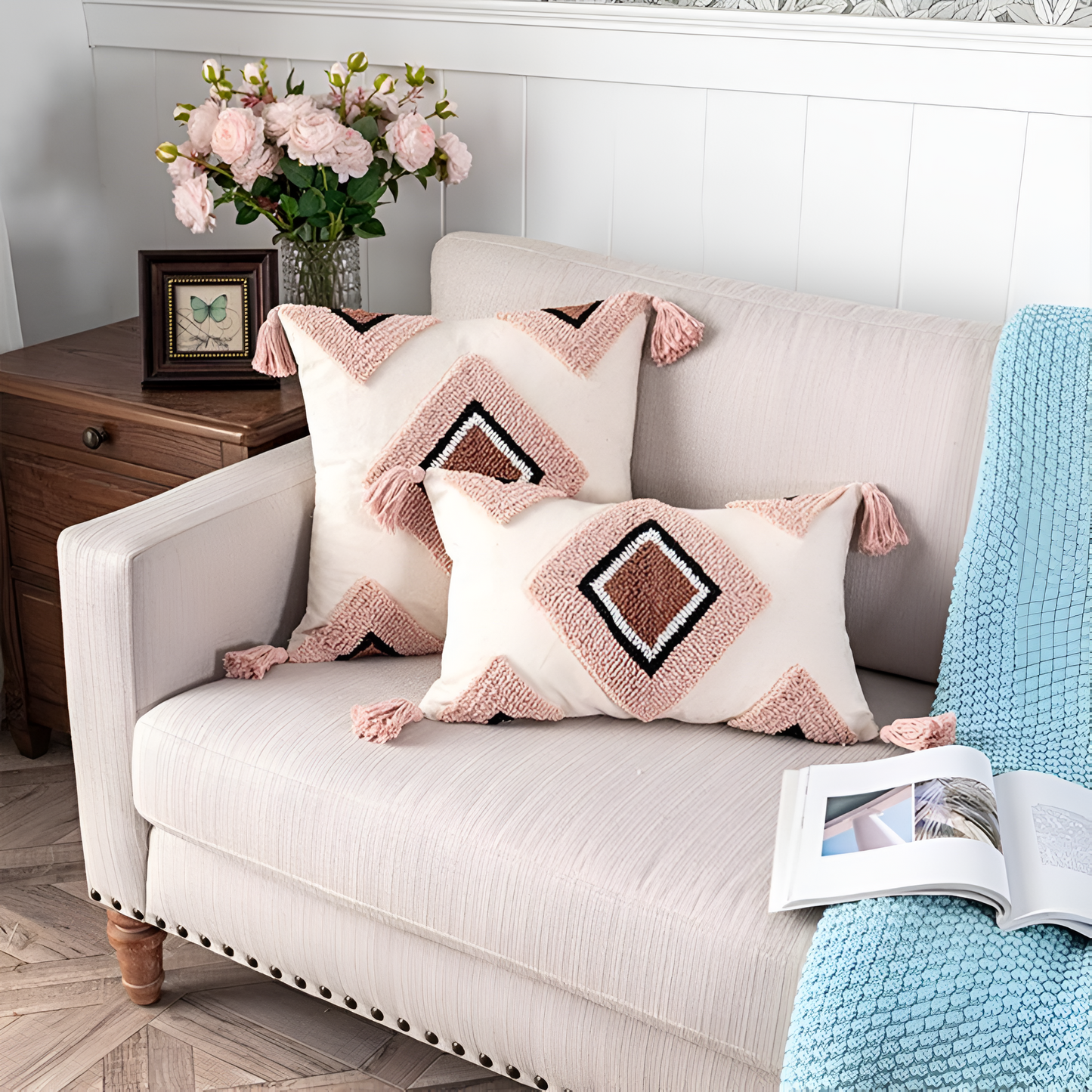 Tufted Cotton Rainbow Geometric Cushion Cover