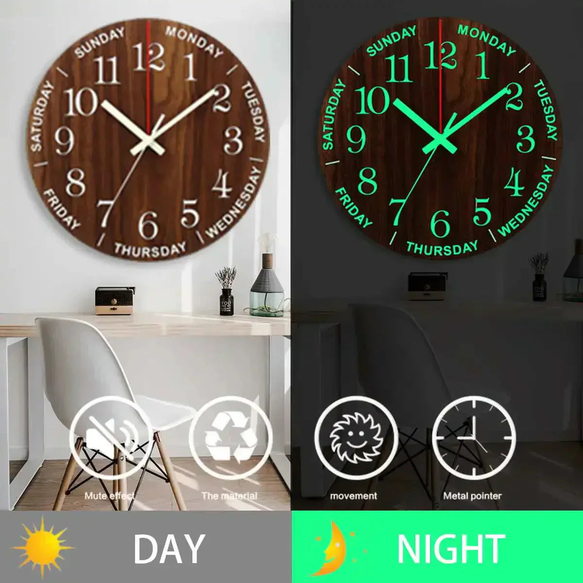 Silent Wooden Wall Clock with Illuminated Numbers - Nordic Style Night Light