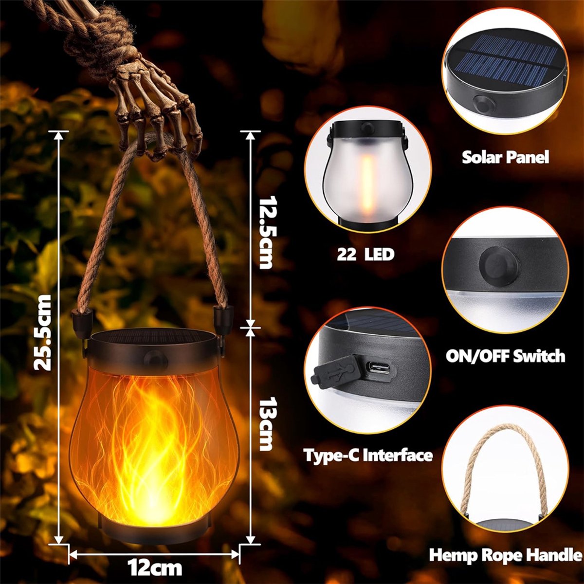 Solar and USB Rechargeable LED Lantern with Flame Effect