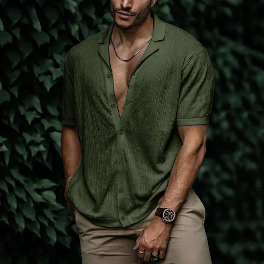 Breathable Linen Short Sleeve Men's Shirt with Button Closure