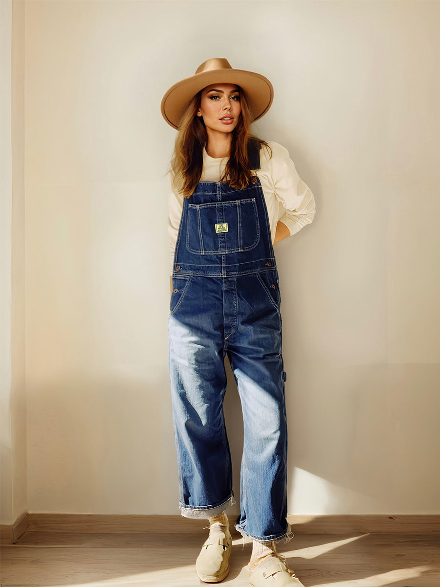 Oversized Vintage Denim Bib Overalls with Adjustable Suspenders