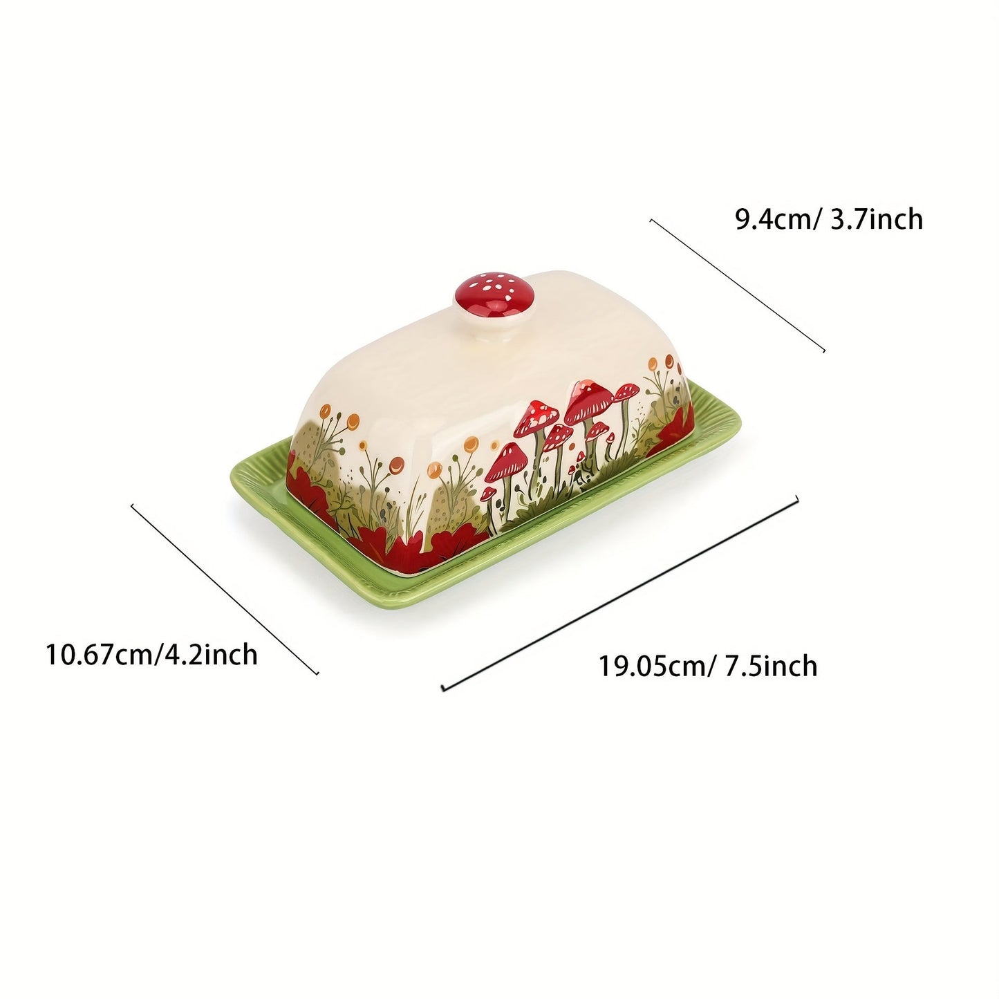 Ceramic Butter Dish with Lid - Hand-Painted Mushroom Design