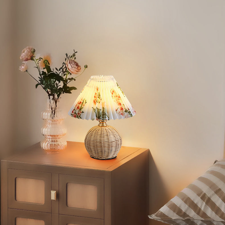 Nordic LED Table Lamp with Woven Rattan Base and Dimmable Fabric Shade