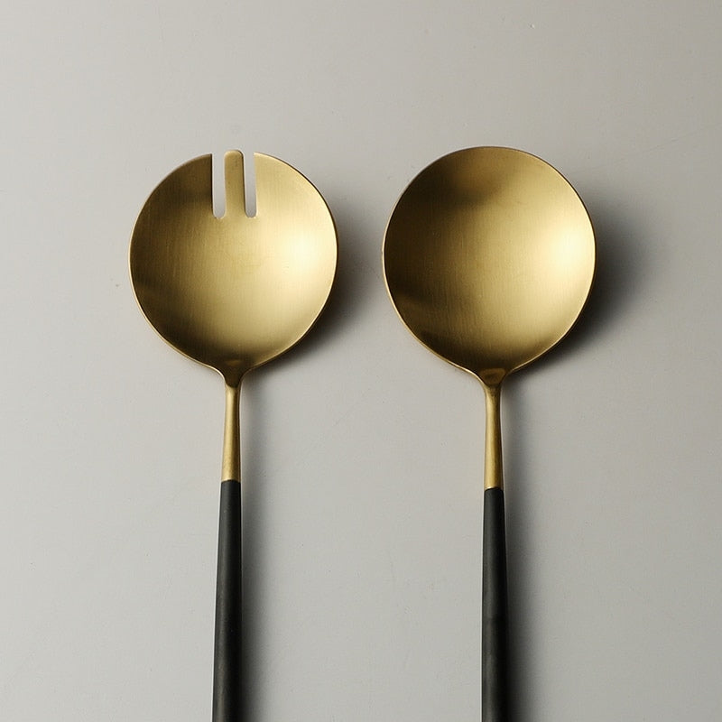 Black and Gold Stainless Steel Salad Serving Utensils Set