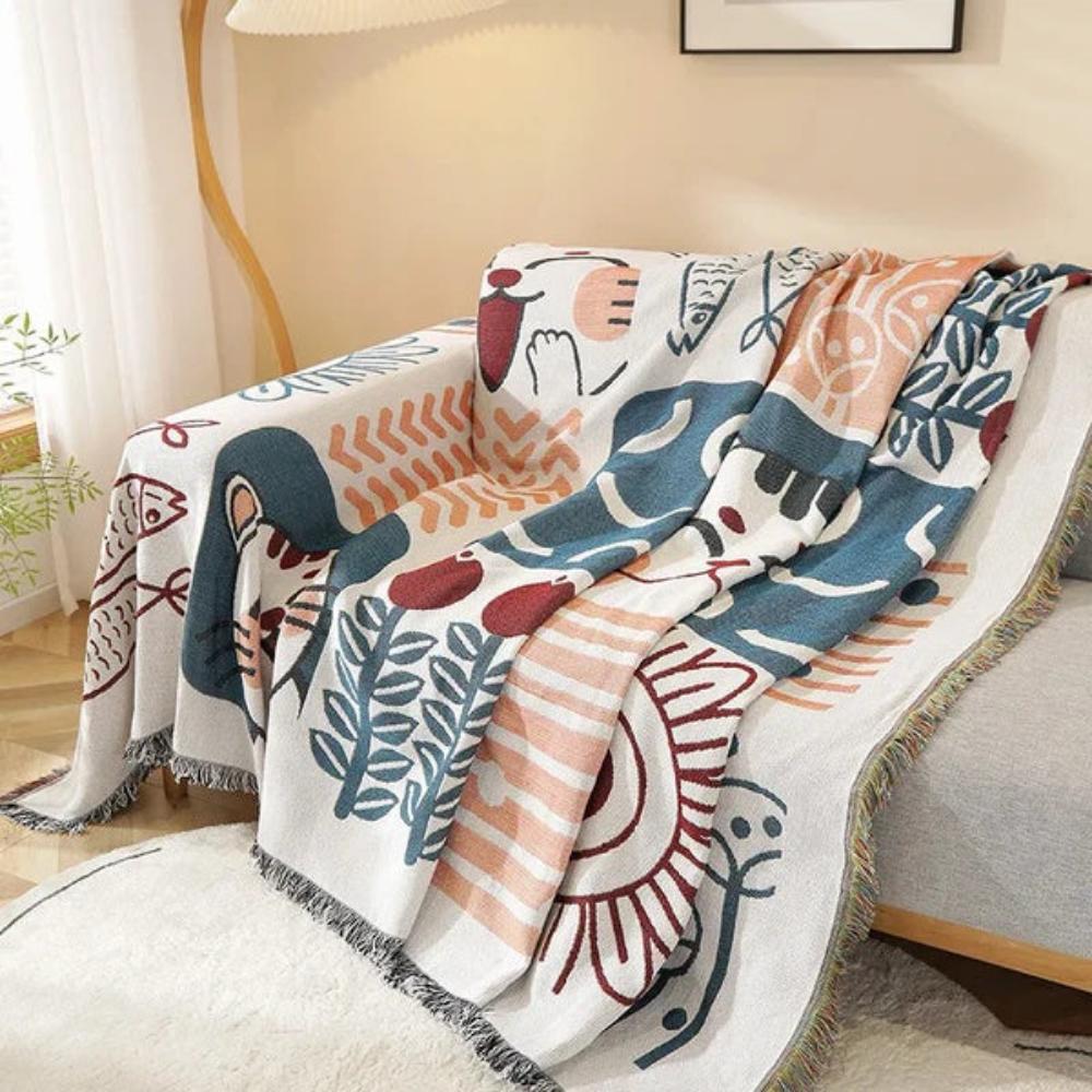 Cotton Linen Tassel Sofa Cover with Jacquard Design