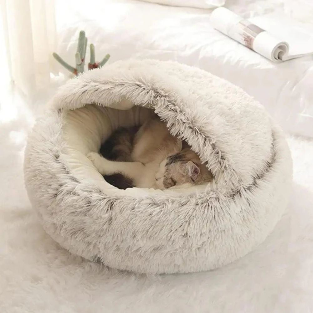 Hooded Faux Fur Pet Bed for Cats and Dogs