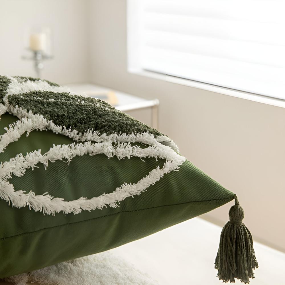 Leaf Motif Plush Cushion Cover with Tassel