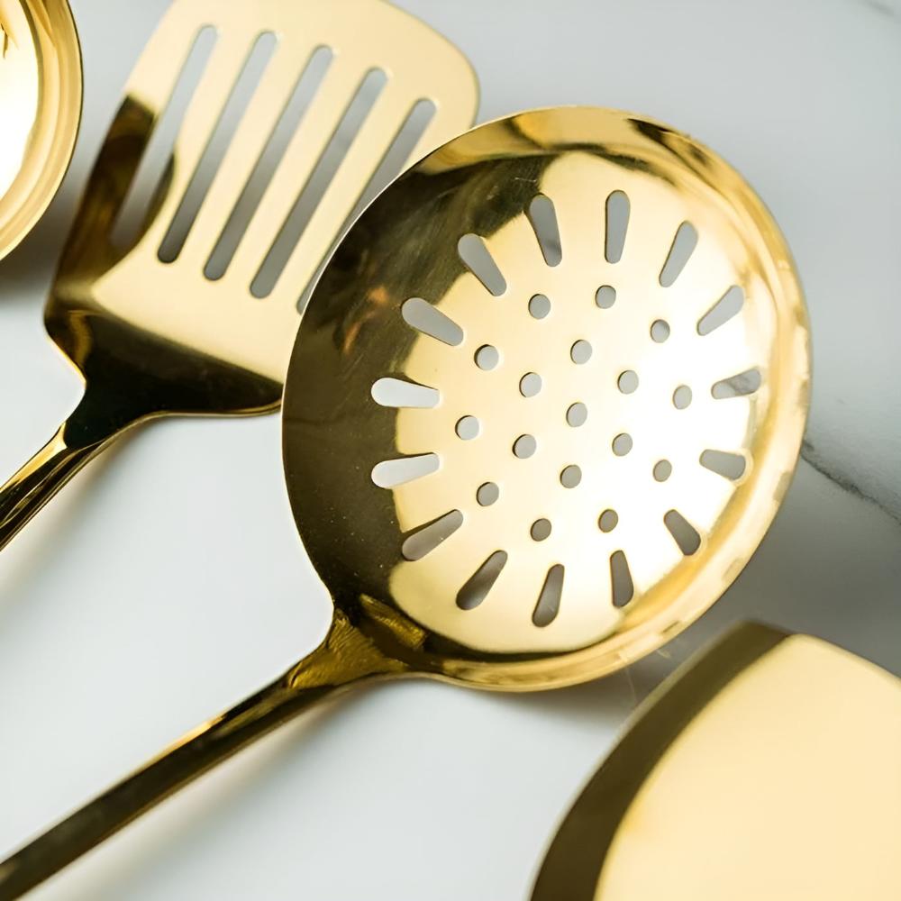 Golden Stainless Steel Utensil Set with Ergonomic Handles and Storage Rack