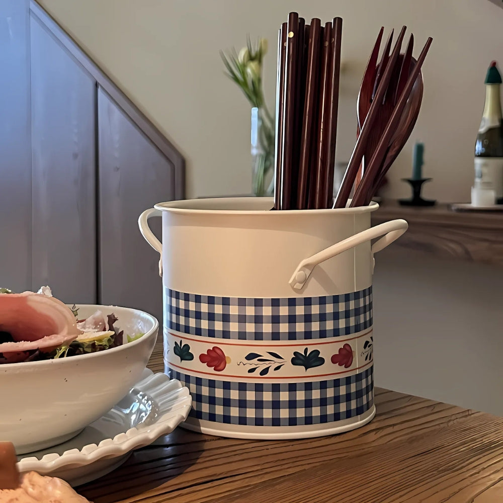 Retro Floral Utensil Storage Basket with Divider Lid