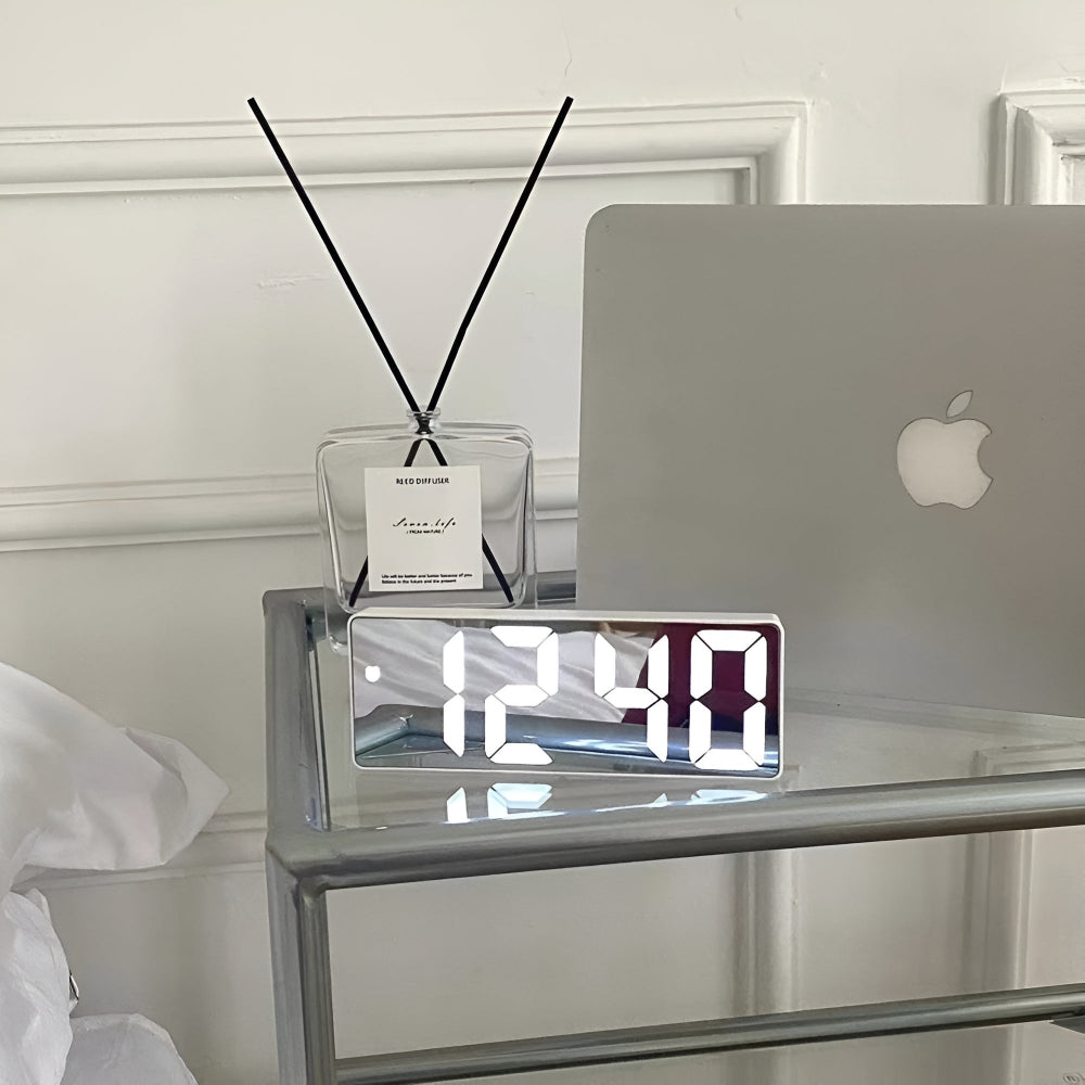 Digital LED Mirror Alarm Clock with Adjustable Snooze and Temperature Display