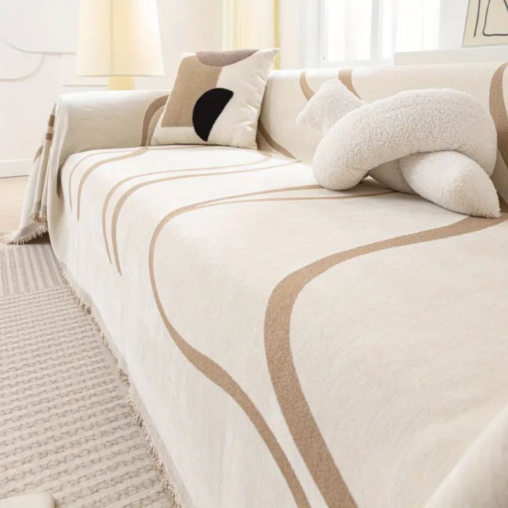 Non-Slip Wave Lines Chenille Sofa Cover with Tassels