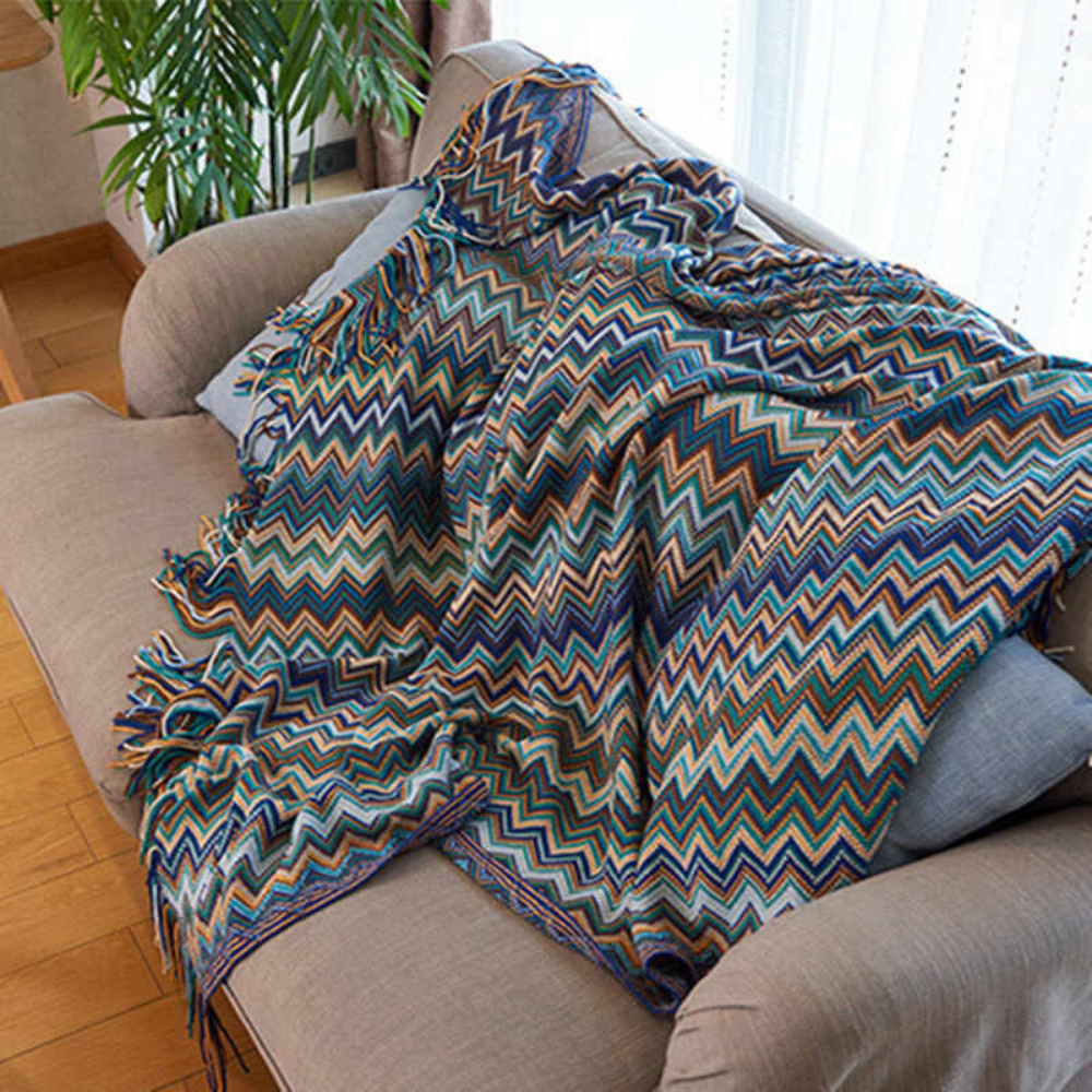 Multicolor Boho Zigzag Knit Throw Blanket with Tassels