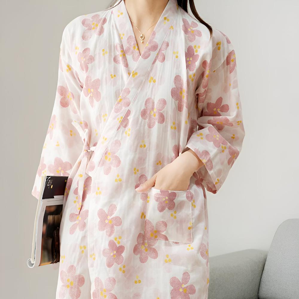 Floral Cotton Yukata Bathrobe with Adjustable Waist
