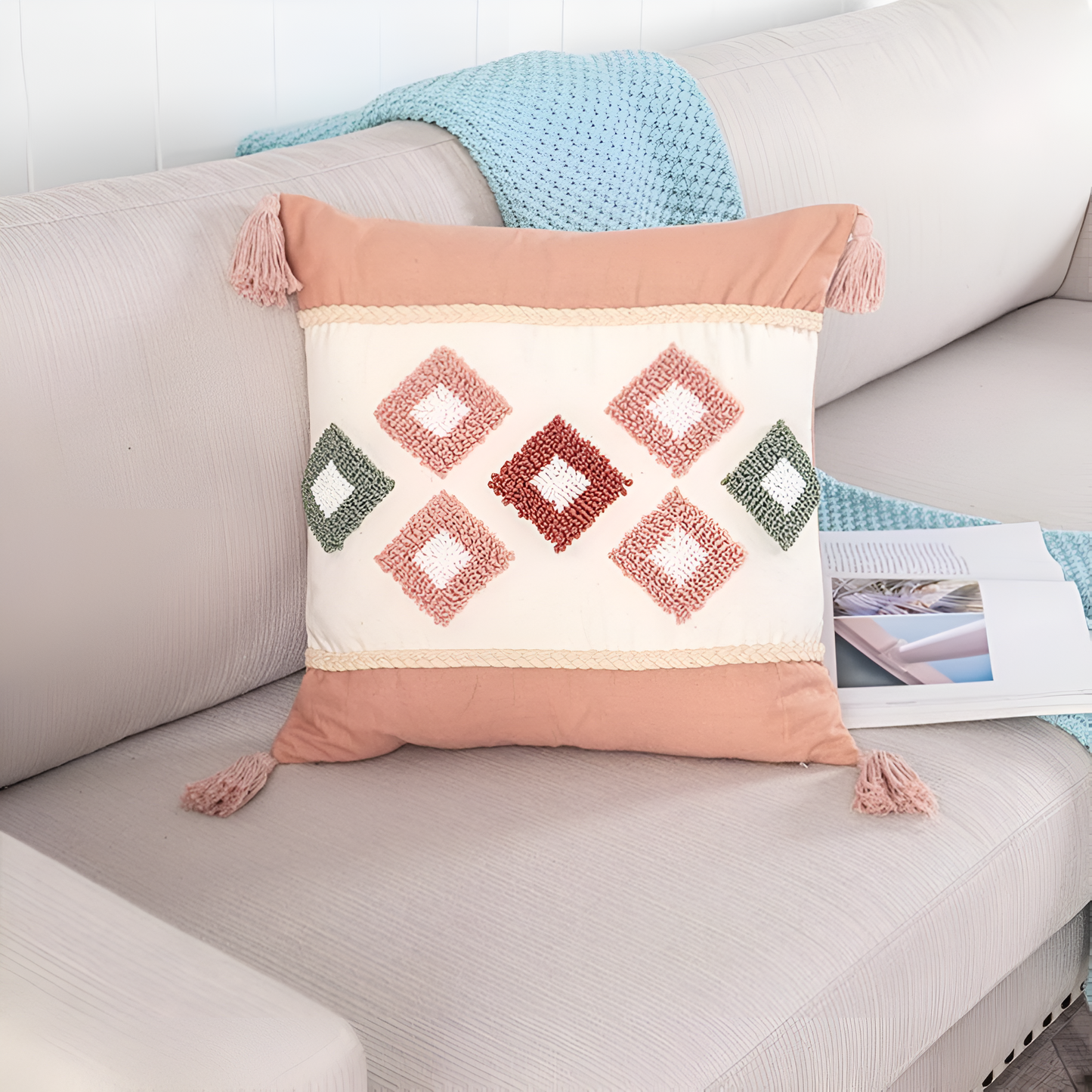 Tufted Cotton Rainbow Geometric Cushion Cover