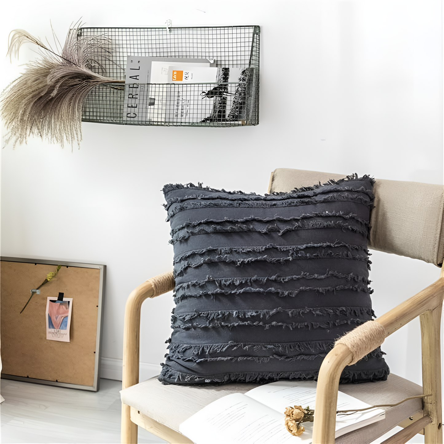 Bohemian Fringe Cushion Cover with Geometric Embroidery