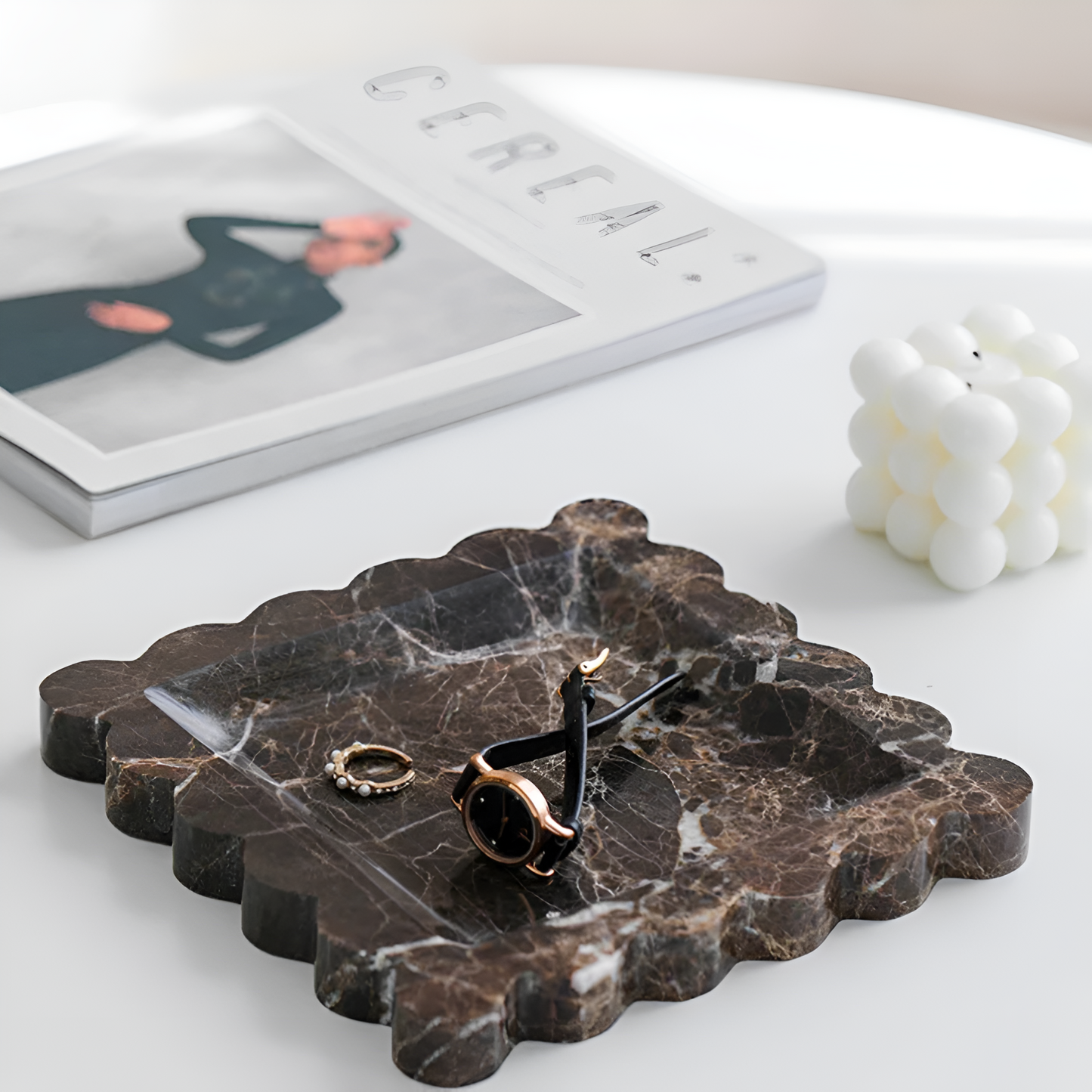 Scalloped Marble Travertine Jewelry Tray