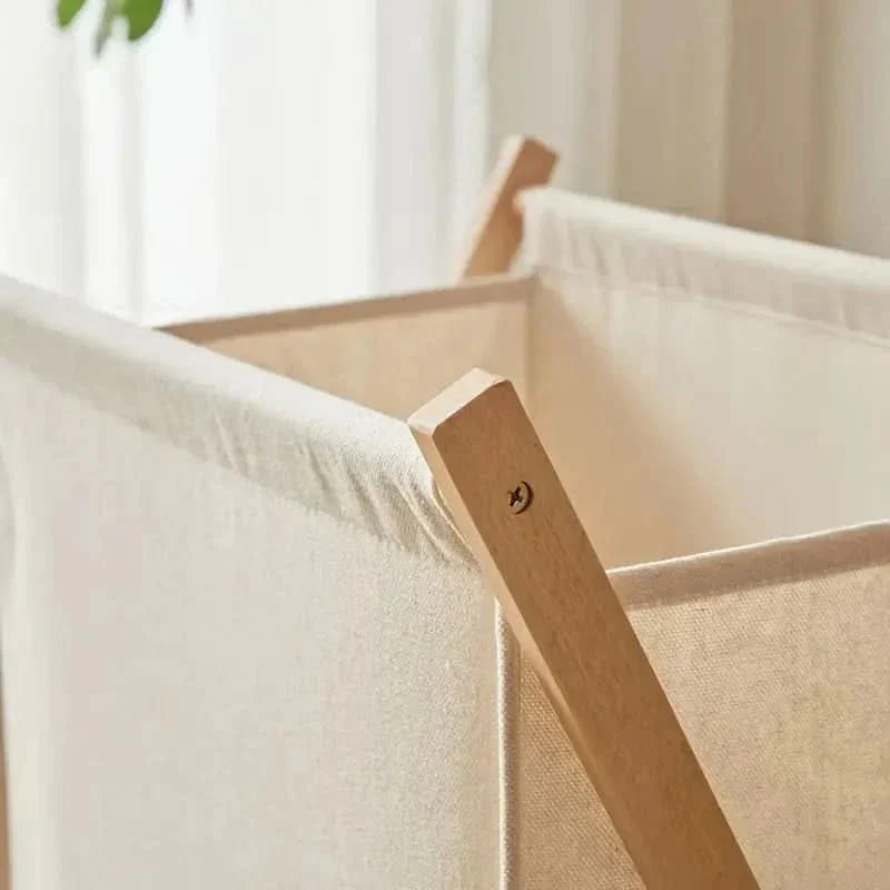 Foldable Wooden Laundry Basket with Cotton Fabric Bag