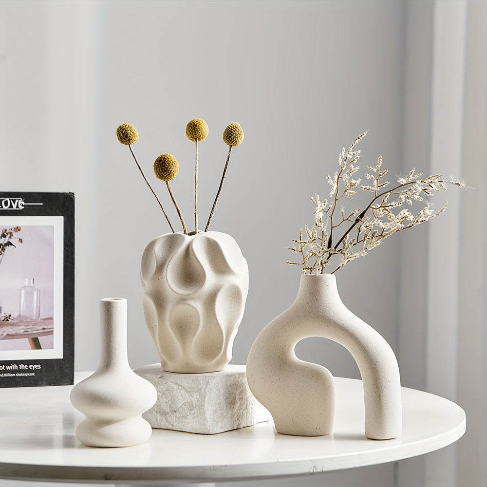 Boho Ceramic Vase Set with Geometric Shapes - Modern Nordic Decor