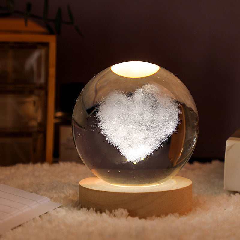 3D Solar System Crystal Ball Night Light with Wooden Base