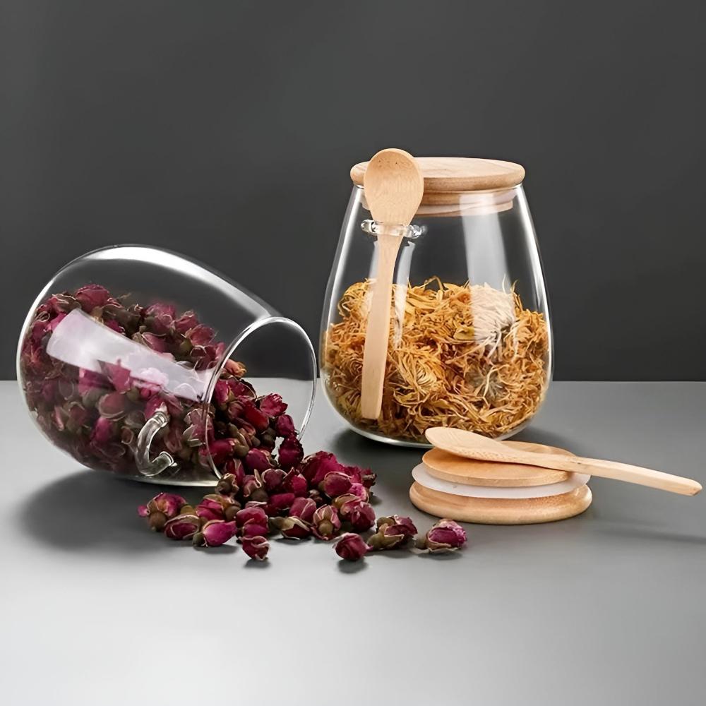 Airtight Glass Storage Jar with Wooden Lid and Spoon