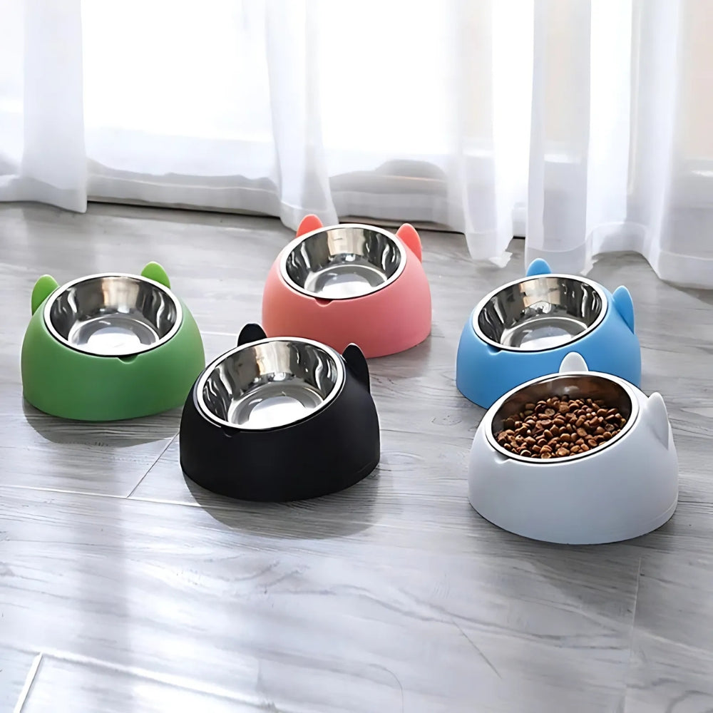 Tilted Stainless Steel Cat Feeding Bowl with Non-Slip Base